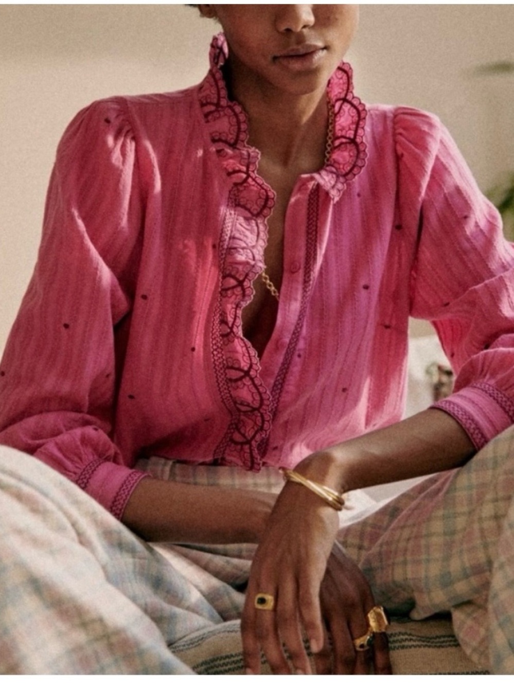 Sezane Chemise Mathilda Pink Lace-Trim Cotton Blouse - Picture 2 of 6